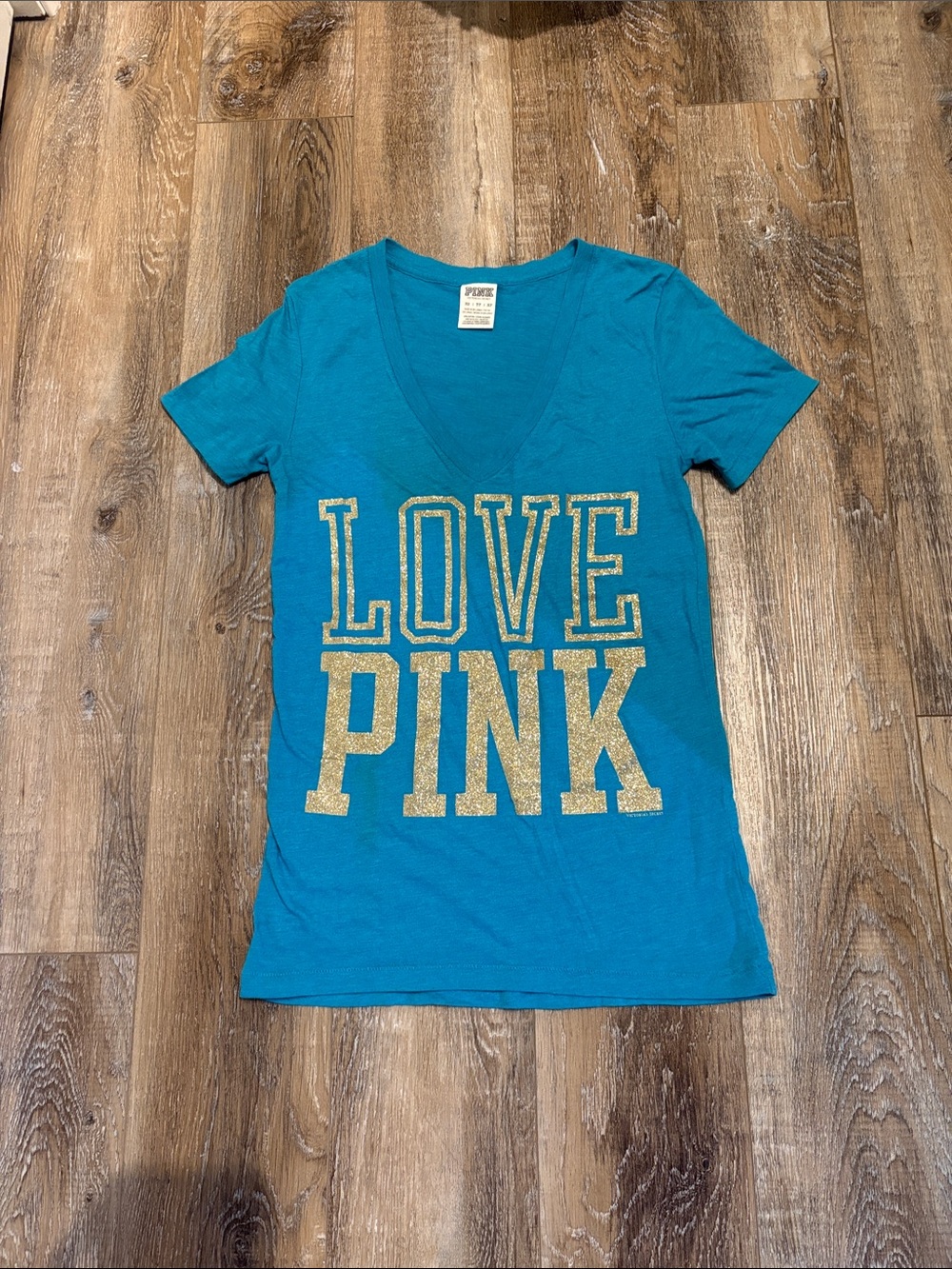 PINK Victoria's Secret Teal V-neck Tee with Gold 'LOVE PINK' Glitter